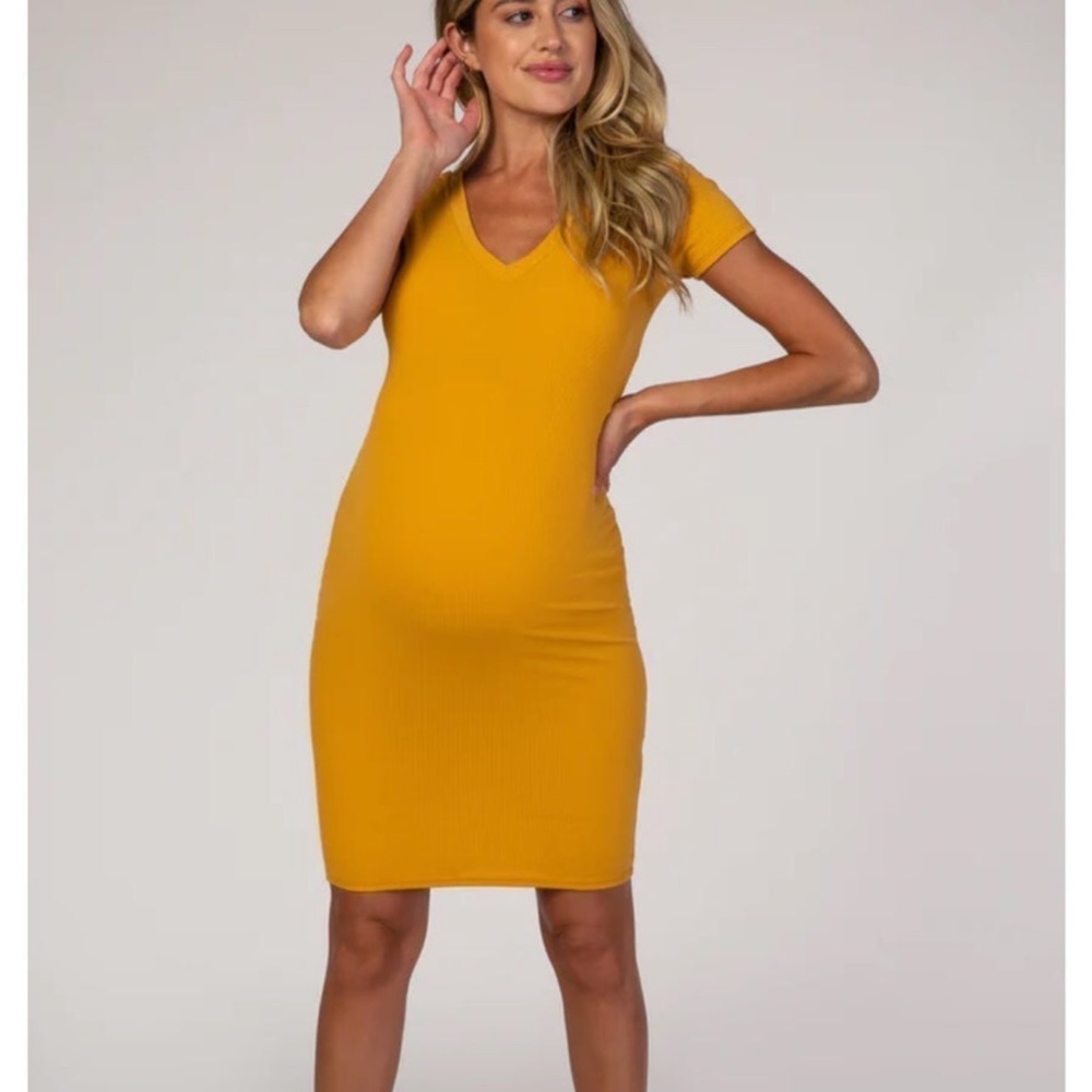 Pinkblush Maternity Ribbed Mustard Yellow Dress Bodycon size large